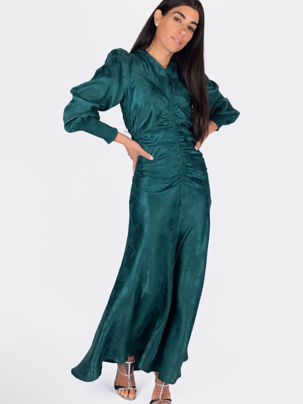 Ruched Deep Green Midi Dress with Puff Sleeves